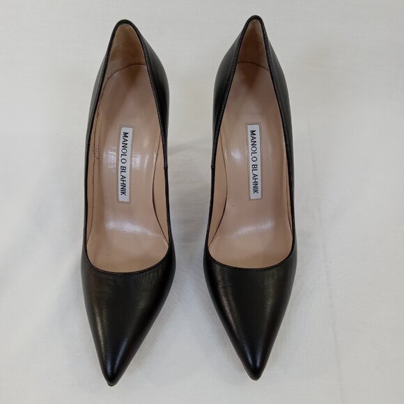 Manolo Blahnik Black Leather Pointed Toe Pumps Heels - Picture 4 of 16